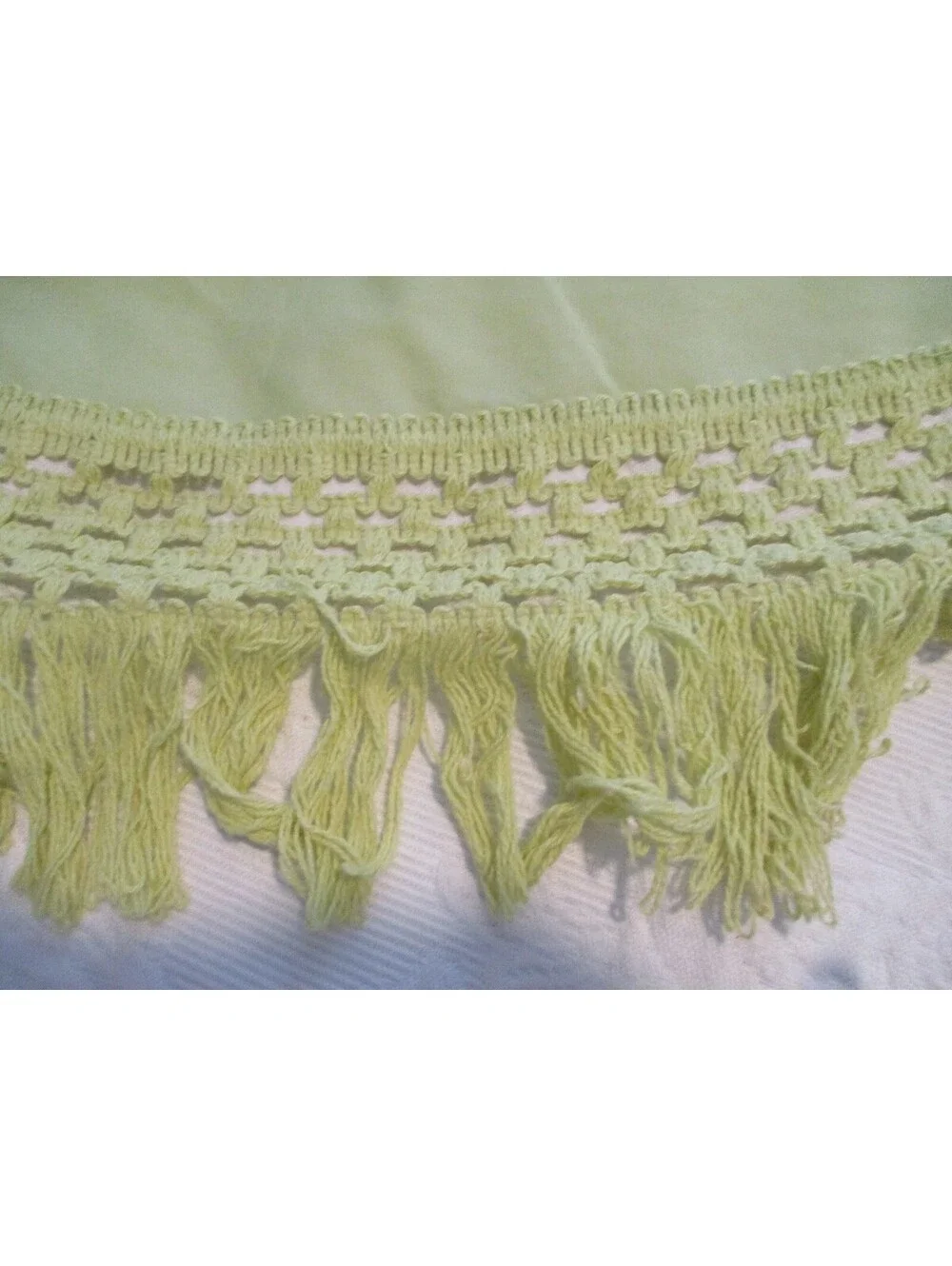 Vintage 1970s Avocado Green Rectangular Tablecloth 64x70 Macrame Fringe MCM